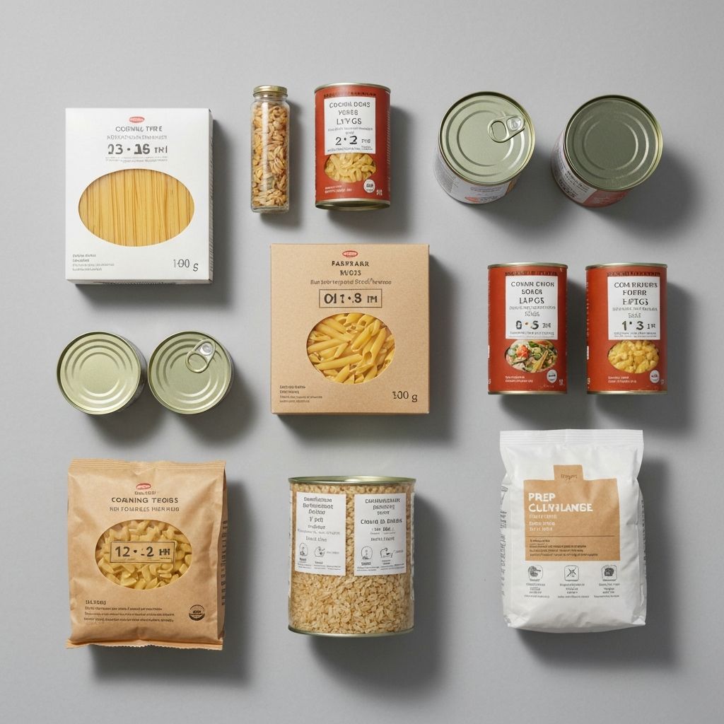 Verschiedene Lebensmittel mit deutlich sichtbaren Kochzeitangaben