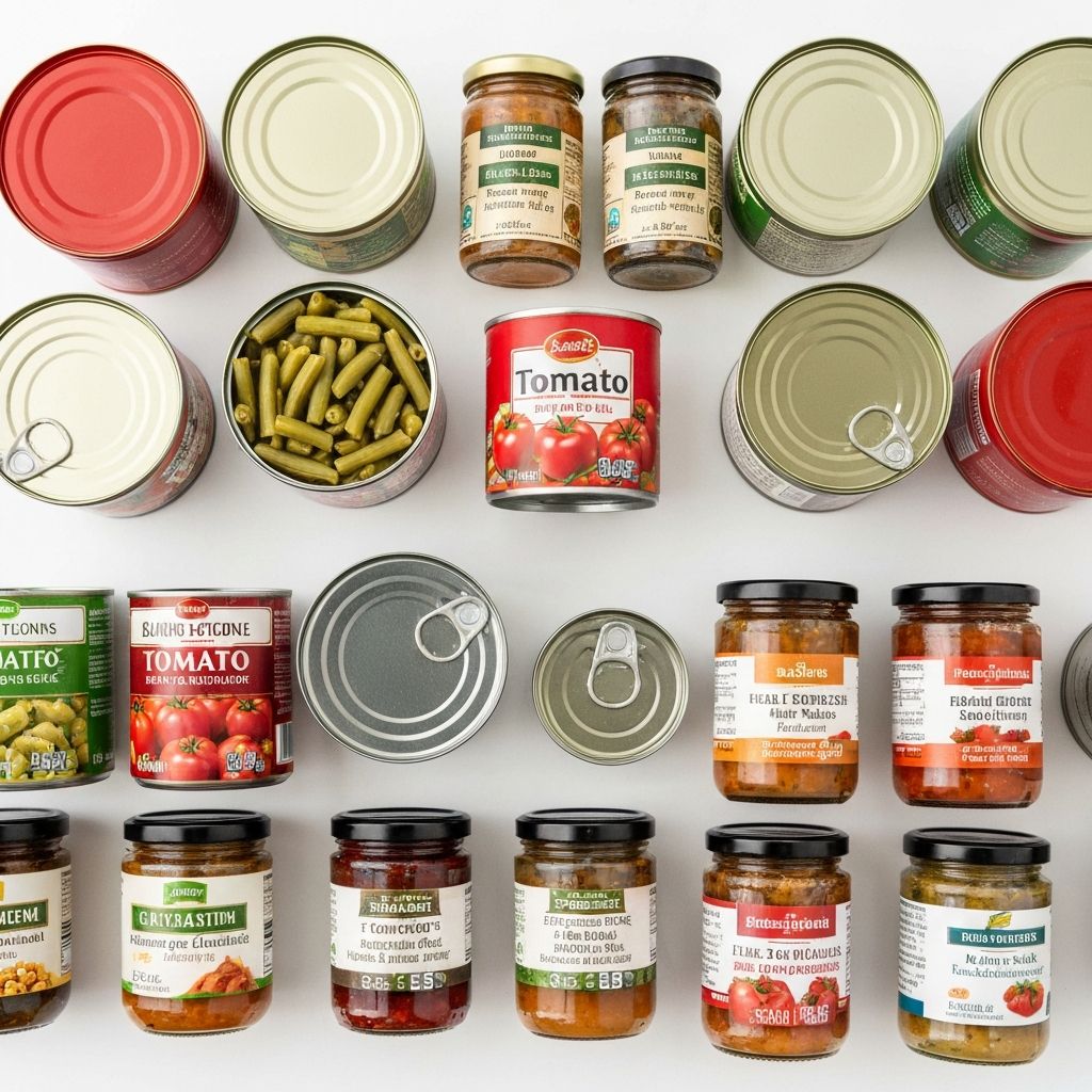 Verschiedene Konserven und Saucen mit gut lesbaren Zutatenetiketten