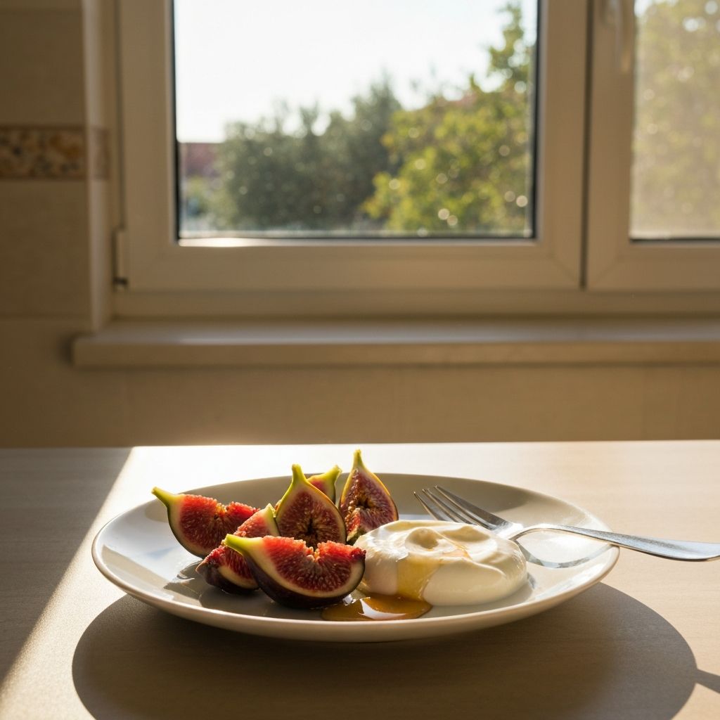 Svježe fige, jogurt i med u zbirnom svjetlu
