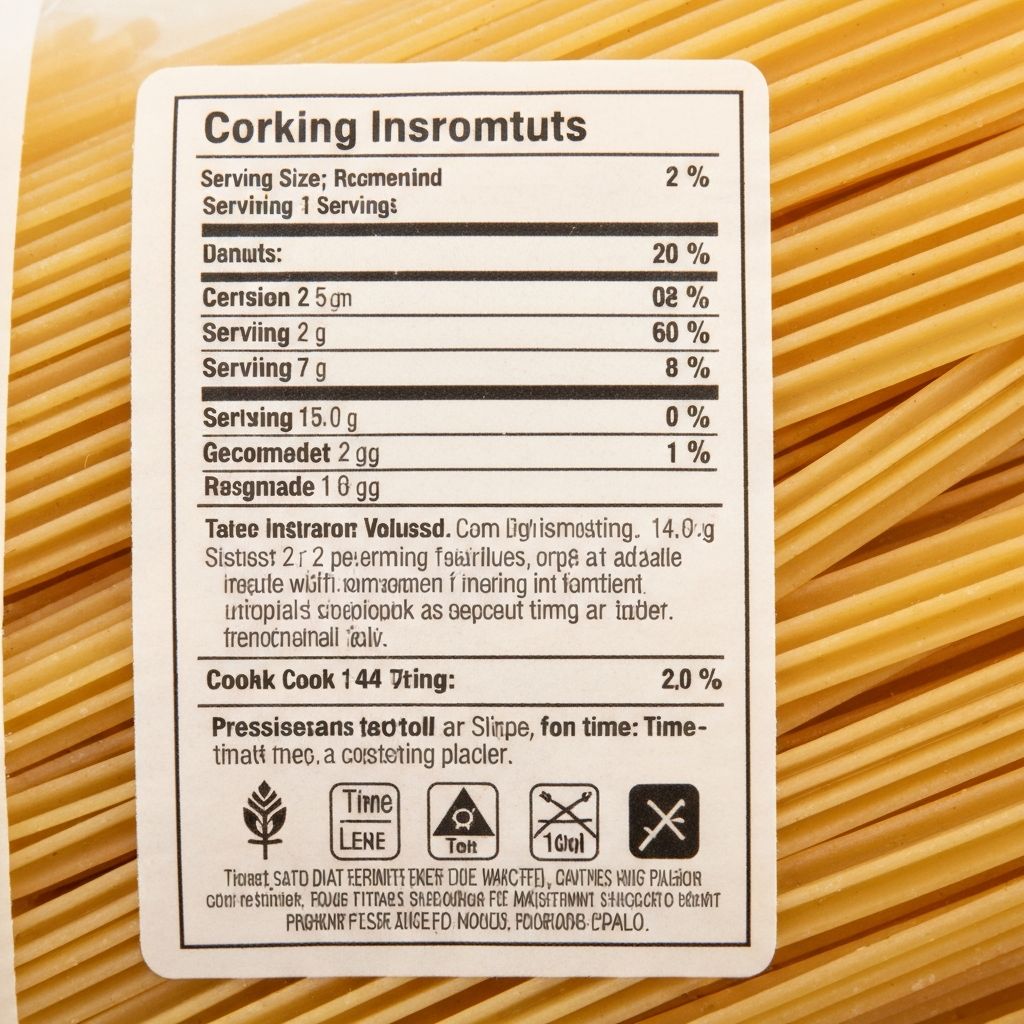 Nahaufnahme einer Produktetikette mit Portionsangaben und Kochzeiten
